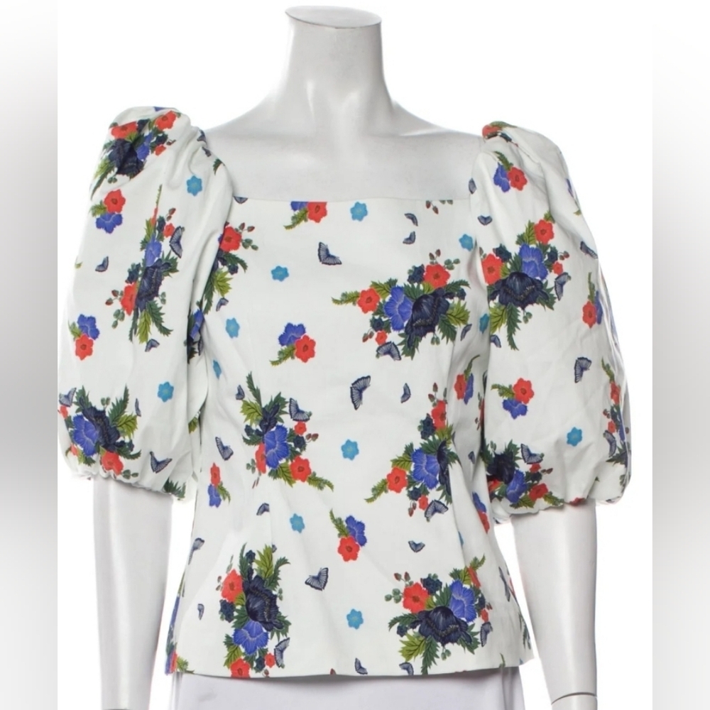 Rebecca de Ravenel First Impressions White Poppies Puff Sleeve Top Size 6 NWT